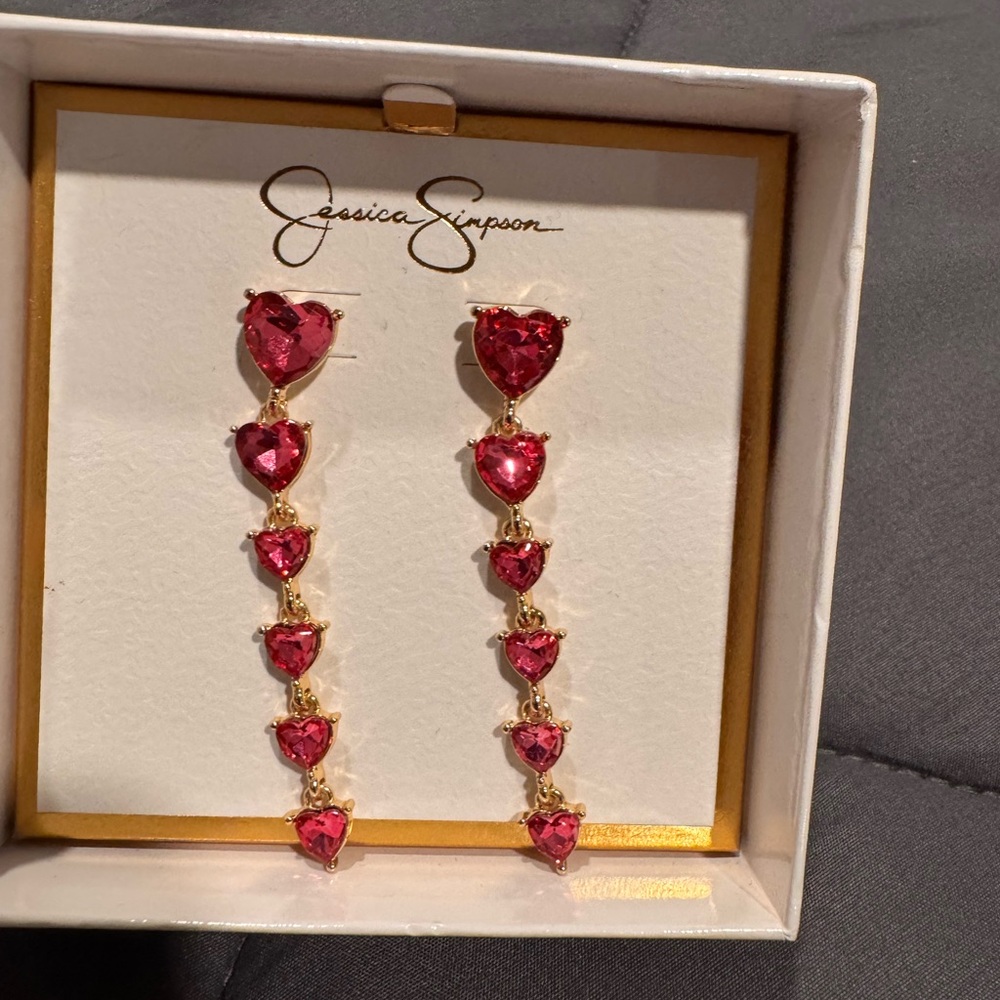 Jessica Simpson Gold-Tone Drop Earrings with Pink Heart Crystals